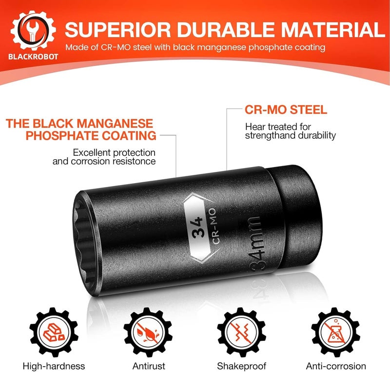 BLACKROBOT 34 mm 12-Point Deep Impact Socket, 1/2 Inch Drive, Metric, Black Manganese Phosphate Coating - Image 5